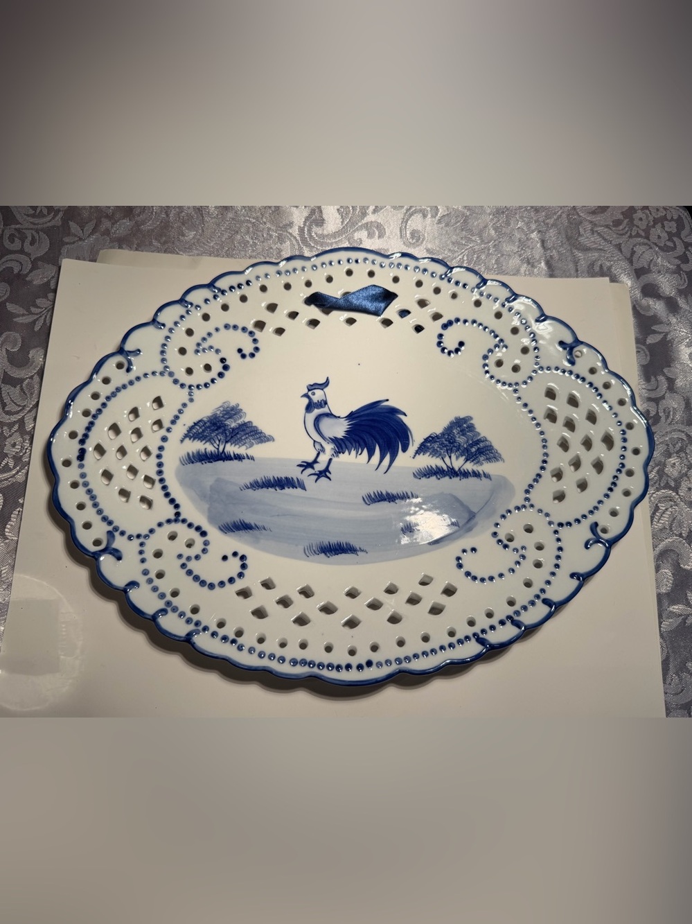 Vintage Lillian Vernon Blue and White Reticulated Rooster Platter Made In China